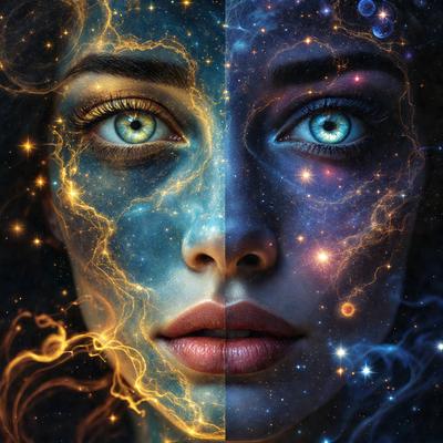 The primary subject of the image is a woman with blue eyes and a pink mouth. She is the main focus of the image. The setting is a space background, with a galaxy visible in the background. The visual style is digital art, as the woman's face is depicted in a digital manner. The colors and mood of the image are predominantly blue and pink, giving it a calm and serene atmosphere.